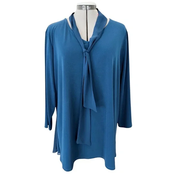 Susan Graver Teal Blue Tie Neck Mixed Media Chiffon Hem Tunic Top XL - Picture 1 of 7